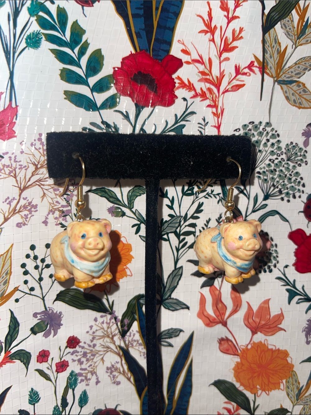 Handcrafted Piglet Drop Earrings in Cream and Blue 1.5”